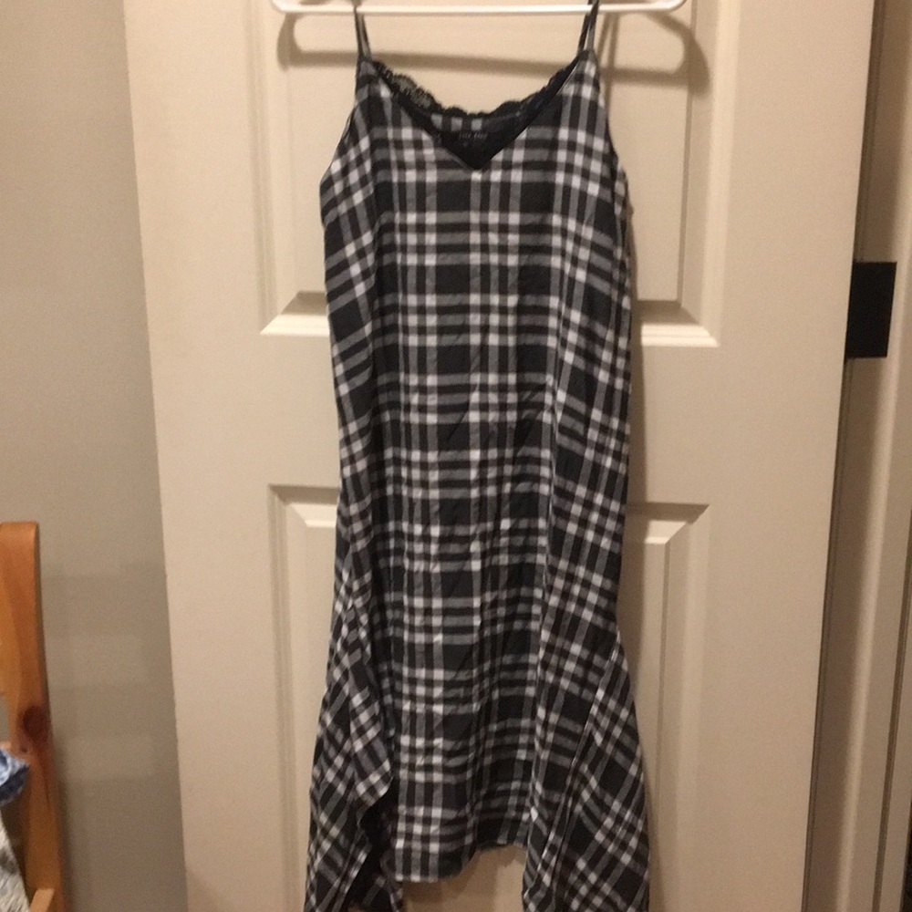 ZARA womens PLAID spaghetti strap dress w/ peekaboo lace, flare bottom size S